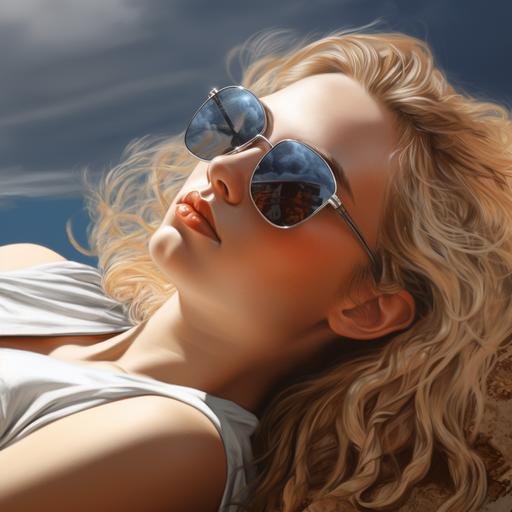 photorealistic beautyfull blonde teen with sunglass sunbathing on a beach