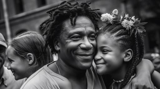 Jean-Michel Basquiat inspired photograph of a thriving black family, capturing candid moments of success, natural light highlighting genuine expressions, Photography, DSLR with a 50mm lens, --ar 16:9 --v 5.0