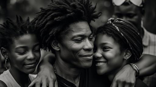 Jean-Michel Basquiat inspired photograph of a thriving black family, capturing candid moments of success, natural light highlighting genuine expressions, Photography, DSLR with a 50mm lens, --ar 16:9 --v 5.0