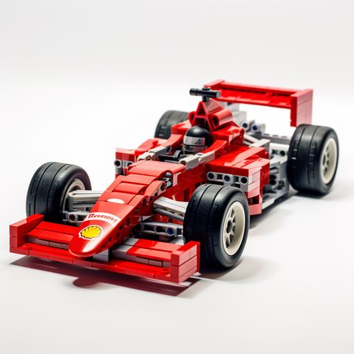 A real life, red Formula 1 race car on a race track, made from Lego. White background, high detail, studio lighting.