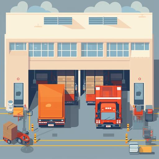 Simplified flat art vector image of the outside of a warehouse with two trucks loading goods, birds view