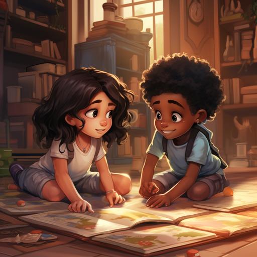 animated black little girl and boy coloring in coloring books on the floor