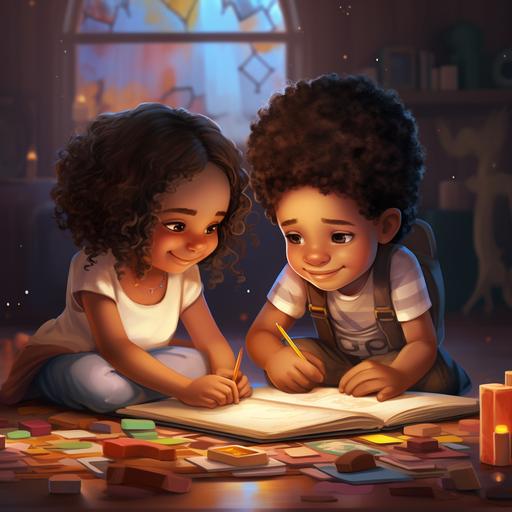 animated black little girl and boy coloring in coloring books on the floor