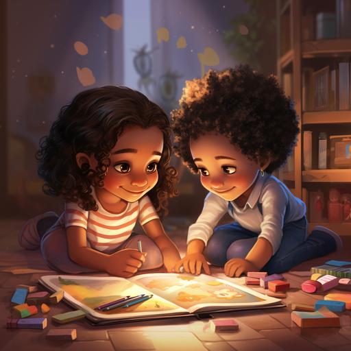 animated black little girl and boy coloring in coloring books on the floor