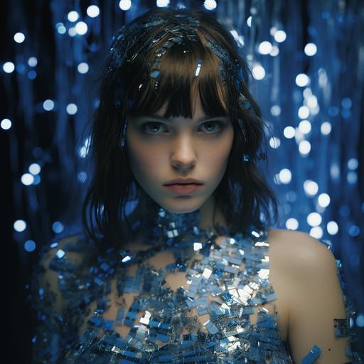 26 year old girl, brown hair to shoulders, blue eyes, portrait covered in blue confetti, in the style of stephen shore, cyberpunk dystopia, webcam photograph
