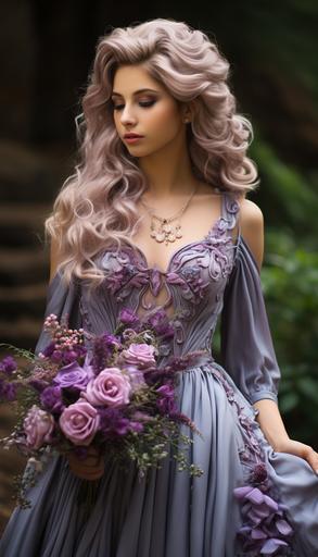 portrait of an elven princess with pointy ears, lavender hair color, wearing a lavender flowing gown, standing in a garden of wildflowers, full body length --ar 4:7 --s 850