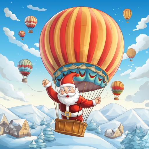 Santa Claus in a Hot Air Balloon: Draw Santa flying across the sky in a festive hot air balloon,kids illustraion , cartoon style, vivid colour ,thick lines,low detail, ar 9:11