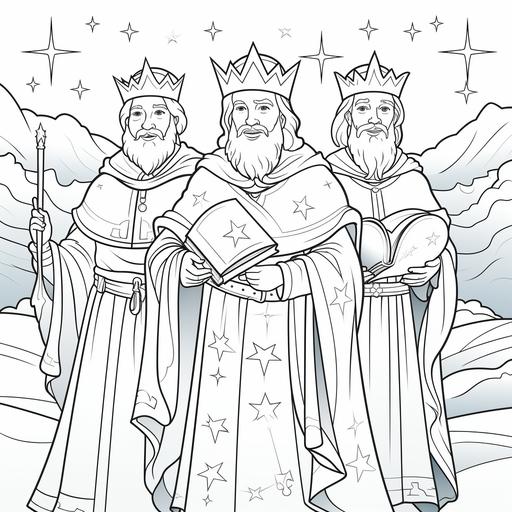 colouring book for children, 3 wise men following and pointing to north star in night sky , cartoon style, no shading, low detail, thick lines , ar 9:11