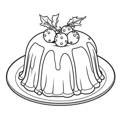 colouring book for children, christmas black pudding dessert, cartoon style, no shading, low detail, thick lines ar 9:11