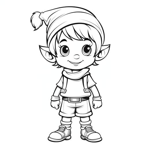 colouring book for children, christmas elf, cartoon style, no shading, low detail, thick lines ar 9:11