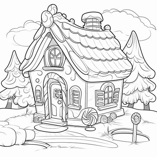 colouring book for children, christmas gingerbread house with candy cane in garden and door , cartoon style, no shading, low detail, thick lines ar 9:11