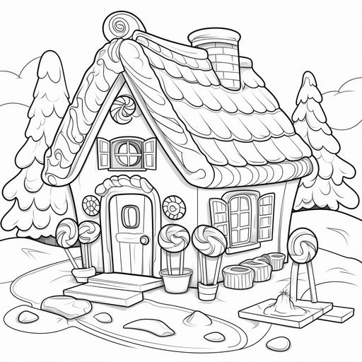 colouring book for children, christmas gingerbread house with candy cane in garden and door , cartoon style, no shading, low detail, thick lines ar 9:11