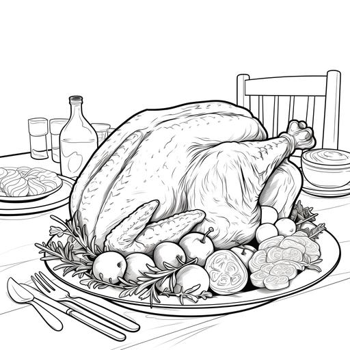 colouring book for children, christmas roast dinner, cartoon style, no shading, low detail, thick lines ar 9:11
