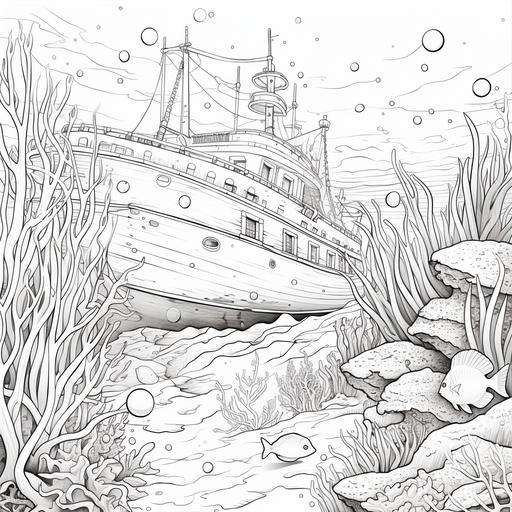 colouring page for children, Create an underwater scene around a rusted sunken shipwreck with marine life taking refuge.no colour, no shadows, cartoon style, no shading,thick lines,low detail, ar 9:11