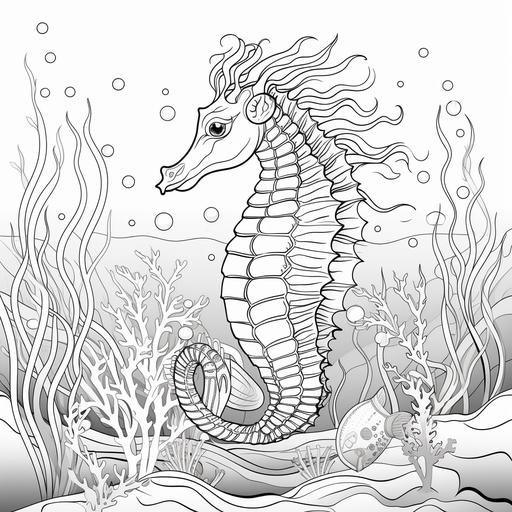 colouring page for children,Seahorse Serenity,Design a page highlighting the delicate and intricate patterns of seahorses., cartoon style, no shading,thick lines, no shadows, low detail, ar 9:11