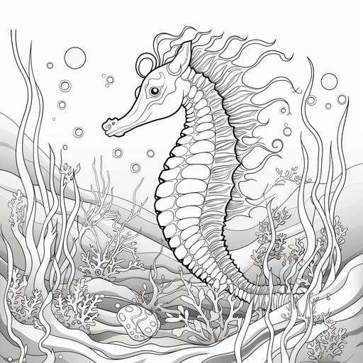 colouring page for children,Seahorse Serenity,Design a page highlighting the delicate and intricate patterns of seahorses., cartoon style, no shading,thick lines, no shadows, low detail, ar 9:11