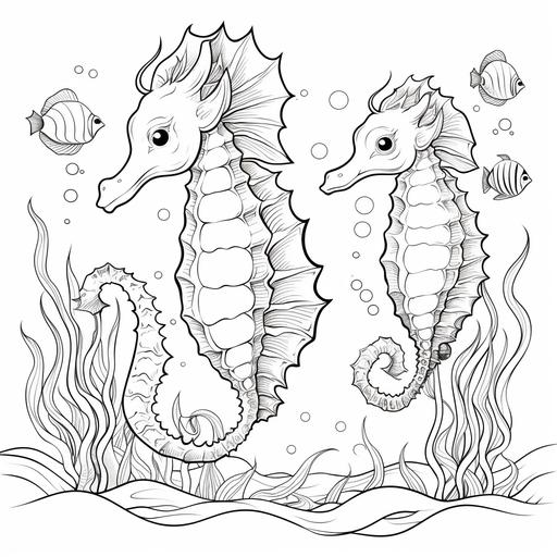 colouring page for children,Seahorse family ,Design a page highlighting the delicate and intricate patterns of seahorses., cartoon style, no shading,thick lines, no shadows, low detail, ar 9:11