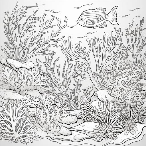 colouring page for children,colour coral reef , cartoon style, no shading,thick lines,low detail, ar 9:11