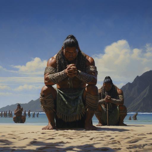 animated, polynesian warriors, kneeling, with their hands tied behind their back, on the beach, in the afternoos