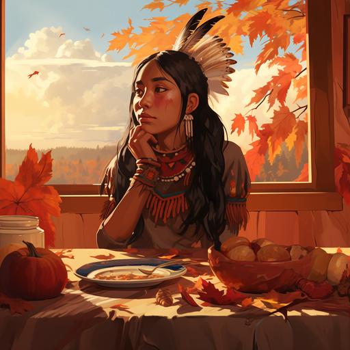 native amaerican sitting at the table, family, warm fall colors, illustration, anime art style