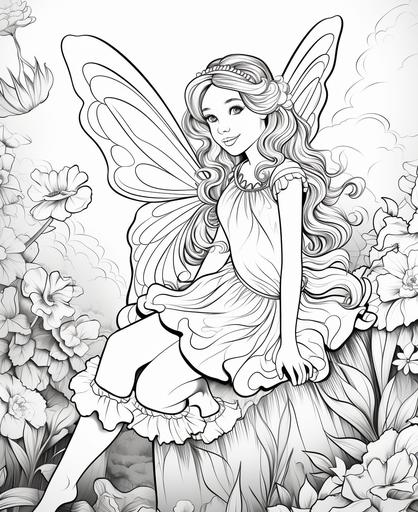 colouring book for 5 to 8 year olds Fairies at the bottom of the garden cartoon style thick lines no shading --ar 9:11