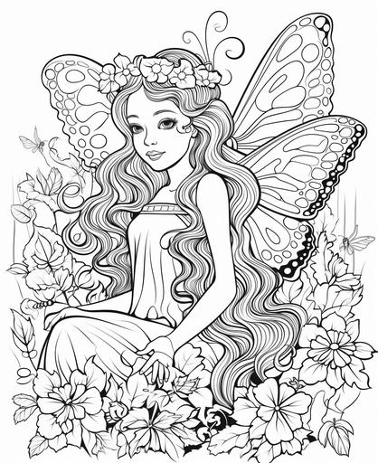 colouring book for 5 to 8 year olds Fairies at the bottom of the garden cartoon style thick lines no shading --ar 9:11
