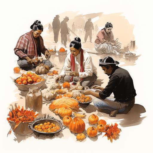 A sketch with several people. Scene: Men and women arranging or setting up a traditional Mexican Day of the Dead offering. Character description: The men and women wear traditional clothing from the state of Guerrero. They carry marigold flowers, and the offering includes photos, food such as pozole, tamales, mezcal, tortillas, mole, and candles. The setting is a full-body shot with the backdrop of a community in Guerrero.