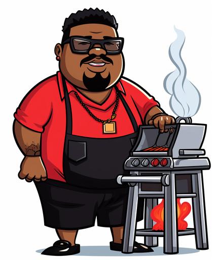 clip art of a chubby grill master, with a big head, black man, melanin, red apron on, with versace glasses, cartoon style, white background, thick lines, --ar 9:11