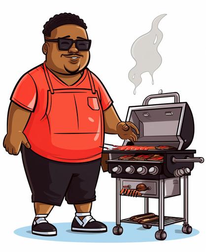 clip art of a chubby grill master, with a big head, black man, melanin, red apron on, with versace glasses, cartoon style, white background, thick lines, --ar 9:11