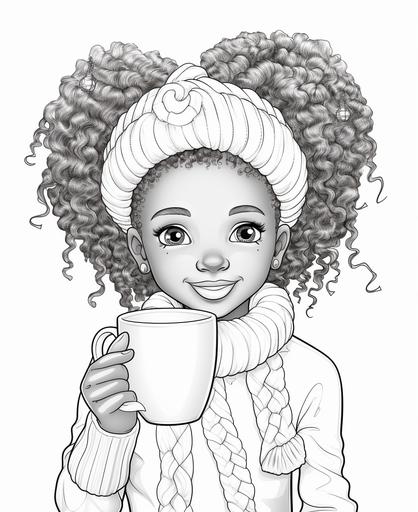 coloring page for kids, melanin kids, brown little girls drinking hot cocoa in a christmas mug, box braids, chirstmas aesthetic, happy smiling, low detail, thick lines, pencil drawing, cartoon style, no shading --ar 9:11