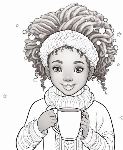 coloring page for kids, melanin kids, brown little girls drinking hot cocoa in a christmas mug, box braids, chirstmas aesthetic, happy smiling, low detail, thick lines, pencil drawing, cartoon style, no shading --ar 9:11