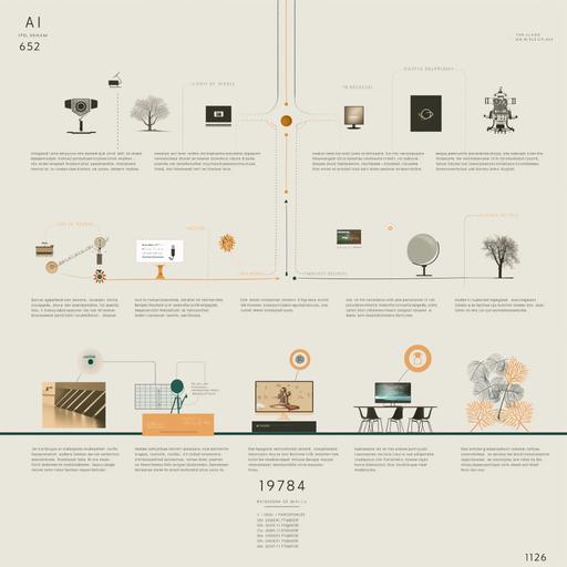 A graphic information slide for a powerpoint style presentation. The image is a linear, visual timeline, outlining the history of Ai that interior designers can relate to, with the following milestones: AI milestones tailored to include the beginning of generative AI, as well as examples like Google and Netflix, with relevance to interior design: 1956: Dartmouth Conference marks the birth of artificial intelligence as a field of study. 1959: Arthur Samuel's work on machine learning leads to the development of the first self-learning program for playing checkers. 1970s-1980s: Rise of expert systems and knowledge-based AI approaches, laying the groundwork for rule-based systems in specific domains, including interior design. 1997: IBM's Deep Blue defeats world chess champion Garry Kasparov, showcasing AI's strategic decision-making abilities. 2000s: Emergence of machine learning and neural networks, enabling advancements in speech recognition, computer vision, and natural language processing, with applications in virtual assistants like Siri and Alexa. 2006: Google Brain project is launched, pioneering deep learning research and contributing to breakthroughs in AI. 2008: Netflix Prize competition accelerates research in recommendation systems, leading to improved algorithms for personalized content recommendations. 2014: DeepDream, developed by Google, demonstrates the creative potential of generative AI by generating surreal images from neural networks trained on visual data. Present: Continued advancements in generative AI, with applications in interior design for creating original content, such as textures, patterns, and 3D models, as well as personalized recommendations for design inspiration, akin to those seen in platforms like Netflix. 16.9 --v 6.0