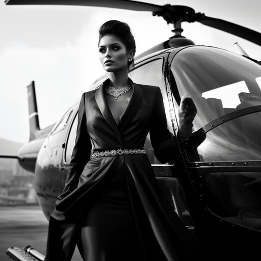 model on the backin and out of her helicopter, in the style of classic hollywood glamour, victoria goth, kombuchapunk, rollei prego 90, black, streamline elegance, iconic