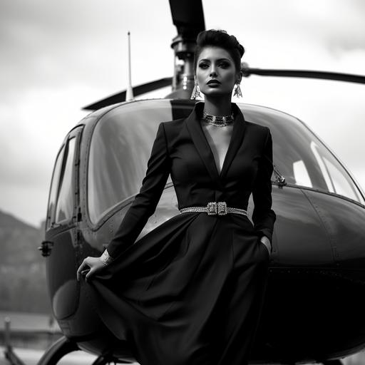 model on the backin and out of her helicopter, in the style of classic hollywood glamour, victoria goth, kombuchapunk, rollei prego 90, black, streamline elegance, iconic