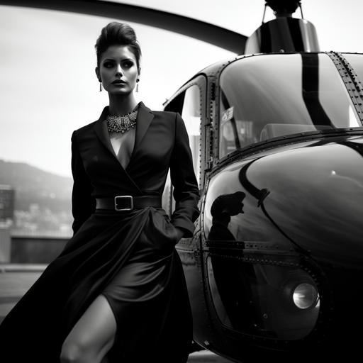 model on the backin and out of her helicopter, in the style of classic hollywood glamour, victoria goth, kombuchapunk, rollei prego 90, black, streamline elegance, iconic