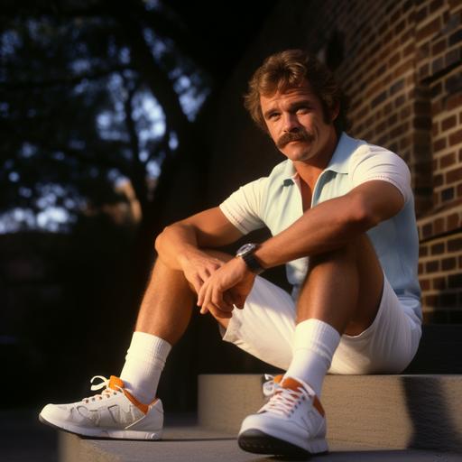27 year old john schneider, dukes of hazard, cute, 1980, moustache, long side burns, stubble, wearing 1970s short white gym shorts, seated, full figure, 1970s fashion, sneakers, almost facing camera, photo taken with provia, strong hot keylight, golden hour, dark hair on arms and legs, sitting on curb, graffiti on the background walls, big elephant running towards him in the background, tube socks with green stripes, looking toward the left, slight smile --ar 1:1