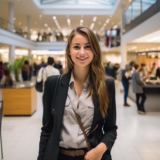 27 year old woman who work in a marketing office standing in the shopping mall