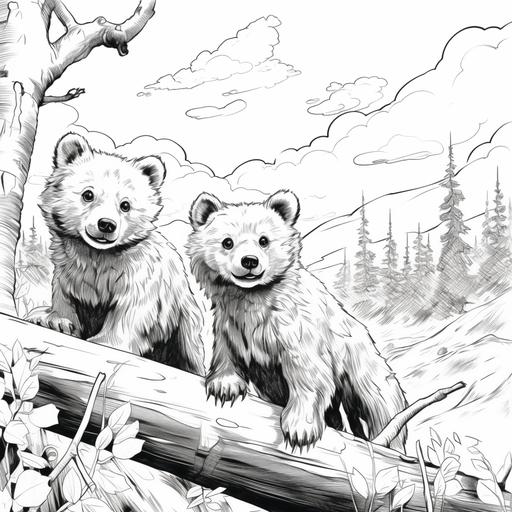 a black and white coloring page, simple line work with thick and thin brush stroke lines like comic art of two bear cubs playing in a clearing of aspen trees. the clouds in the background are in the style of french illustrator Moebius