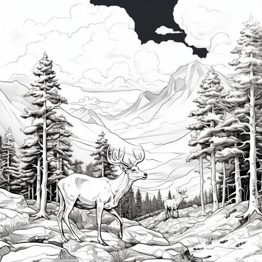 a black and white coloring page, simple line work with thick and thin brush stroke lines like comic art of rocky mountain animals playing in a clearing of aspen trees. the clouds in the background are in the style of french illustrator Moebius