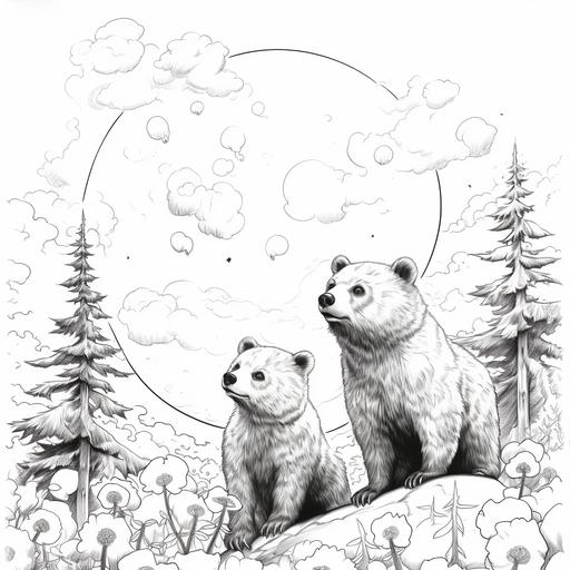 a black and white coloring page, simple line work with thick and thin brush stroke lines like comic art of two bear cubs playing in a clearing of aspen trees. the clouds in the background are in the style of french illustrator Moebius