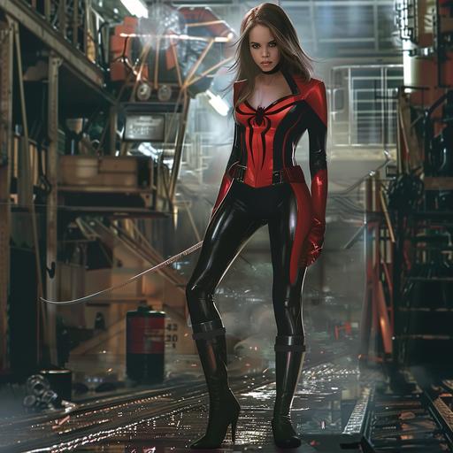 A beautiful, Skinny brunette supermodel. Looks like Emma Watson or Meghan Markle dressed in a superhero costume. Vaguely resembles Spider-Gwen. Brunette supermodel (Meghan markle, Emma Watson, Zoe Kravitz, Ana de armas). Full character shot. Toned legs. Very attractive professional photo. UltraHD. space pirate