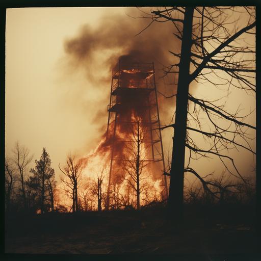 a firewatch tower burning. polaroid from the 90s.