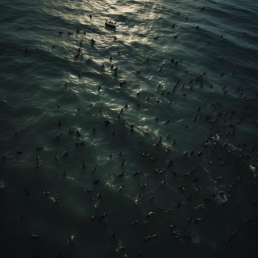 birds eye drone shot of a hundreds of people swimming in ocean surrounding a fishing vessel. horror. silent hill. atmospheric