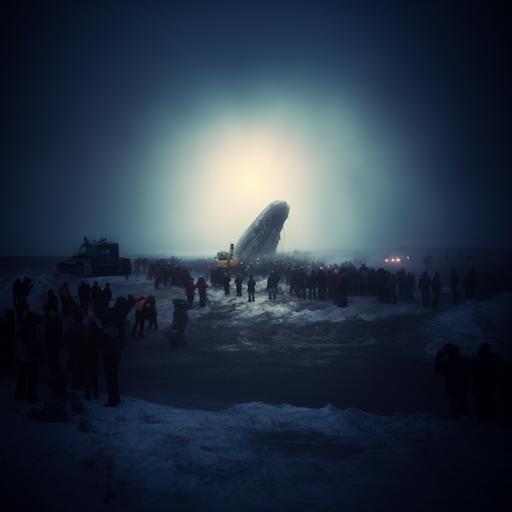 crowd of people surrounding dead whale on a snowy winter beach. snow falls from sky. ice. atmospheric. silent hill. photograph. bulldozers. many construction vehicles.