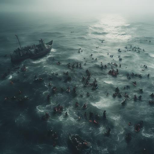 drone shot of hundreds of people swimming in ocean surrounding a single fishing vessel. horror. silent hill. atmospheric