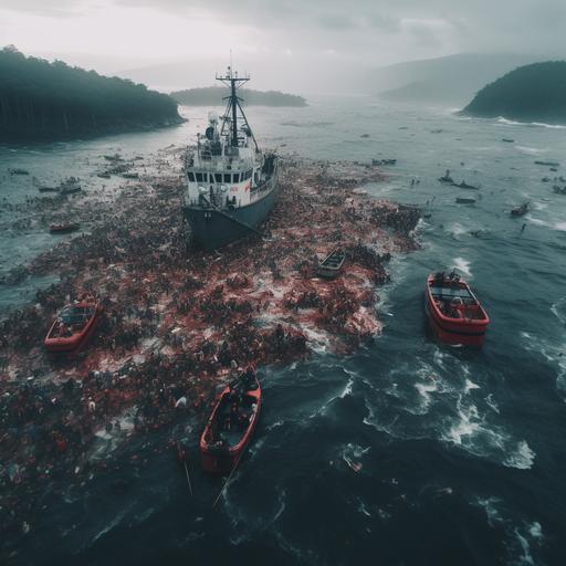 drone shot of hundreds of people swimming in ocean surrounding a single fishing vessel. horror. silent hill. atmospheric