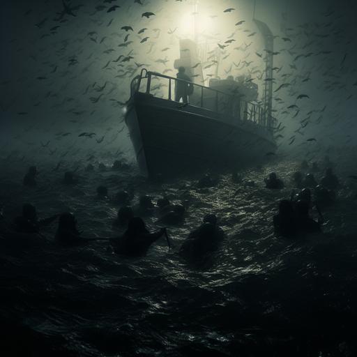 hundreds of people swimming in ocean surrounding a fishing vessel. horror. silent hill. atmospheric