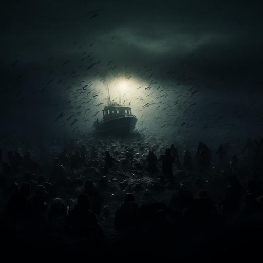 hundreds of people swimming in ocean surrounding a fishing vessel. horror. silent hill. atmospheric