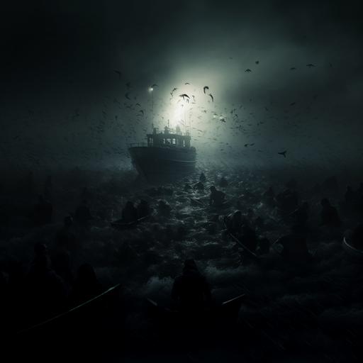 hundreds of people swimming in ocean surrounding a fishing vessel. horror. silent hill. atmospheric