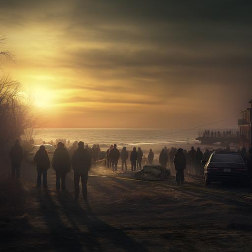 new england beach. large crowd of people. morning. crime scene police tape. atmospheric. dawn. silent hill.